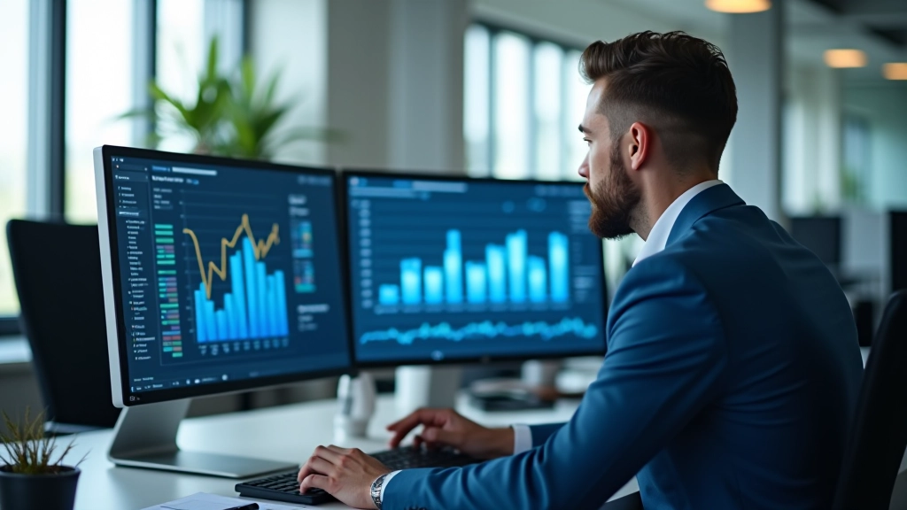 Geschäftsanalysten arbeiten an Computern mit Datenvisualisierungen und Geschäftskennzahlen auf dem Bildschirm