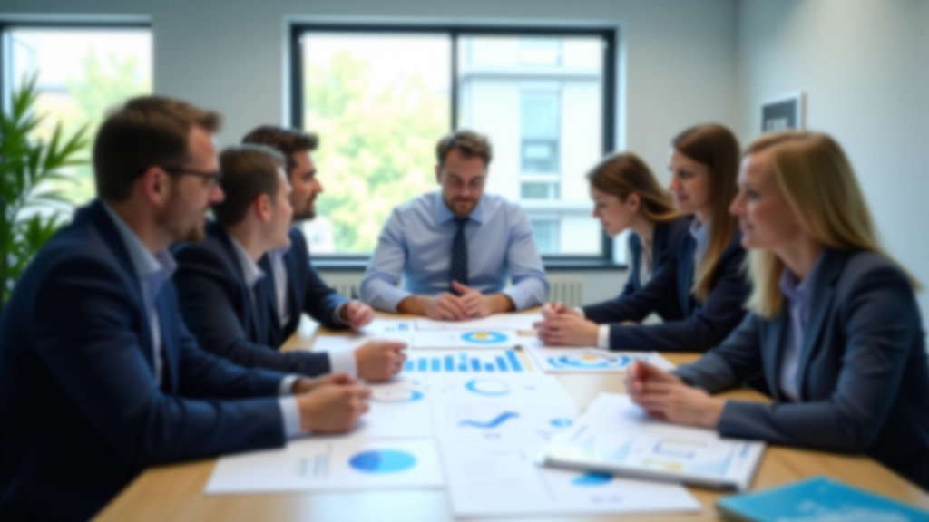 Geschäftsmänner und -frauen in modernem Konferenzzimmer bei Geschäftsbesprechung und Datenanalyse