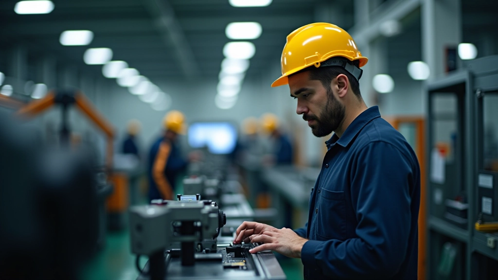Industrielle Produktionshalle mit Maschinen und Arbeitern, modernes Fertigungsumfeld, professionelle Beleuchtung