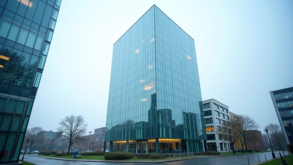 Modernes Bürogebäude mit Glasfassade, Geschäftsdistrikt bei Tageslicht, urbane Skyline im Hintergrund