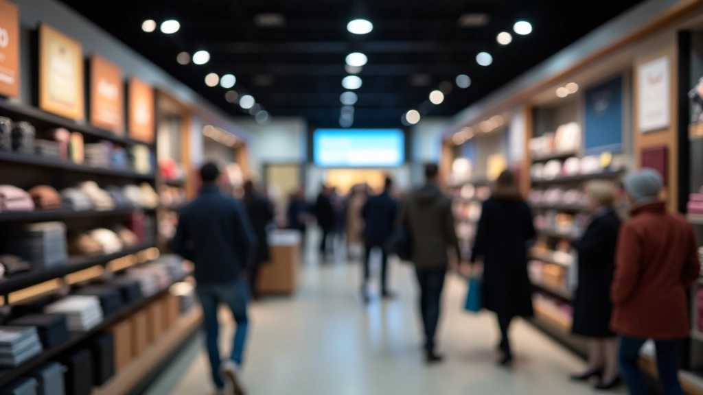 Modernes Einzelhandelgeschäft mit Kundenbedienung, Kassenzone und Produktregale, belebter Ladenbetrieb