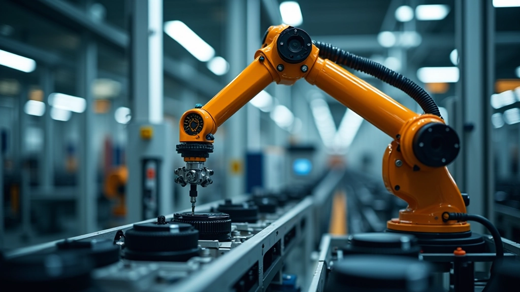 Roboterarm in der Automobilproduktion montiert Komponenten, hochmoderne Fertigungstechnik, helle Fabrikhalle